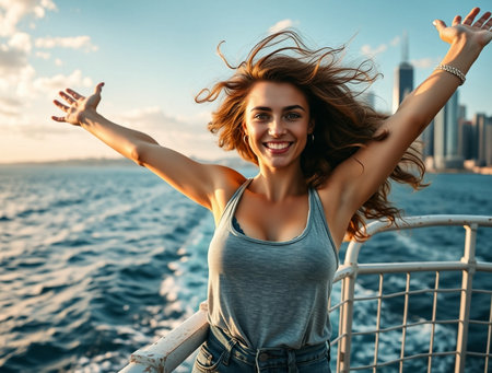Cheerful young woman in casual clothes is smiling and waving her hair while standing on the deck of a yachtの素材