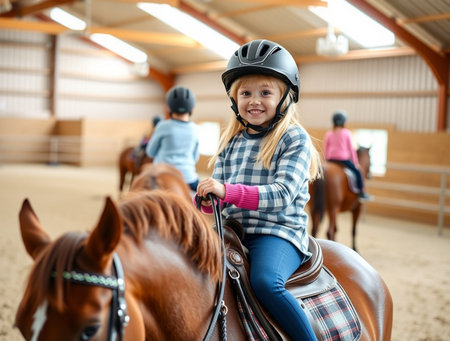 Little girl riding a horse in a riding school on a sunny dayの素材