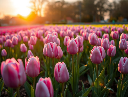 Pink tulips in the field at sunset. Beautiful spring landscape.の素材