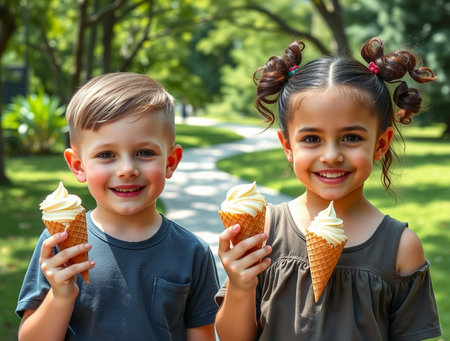 Two children, boy and girl, eating ice cream in the parkの素材