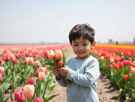 Cute asian boy holding tulip flowers in the field.の素材