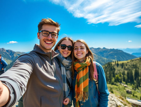 travel, tourism, hike and people concept - group of smiling friends with backpacks taking selfie on top of mountainの素材