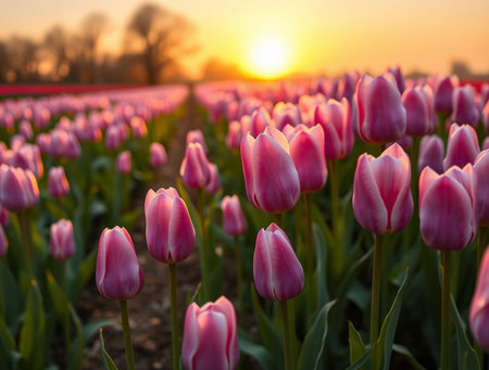 Tulips in an agricultural field in sunlight at sunrise in springの素材