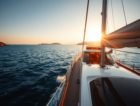 Yacht sailing in the sea at sunset. Yachting, sport, leisure activity.の素材