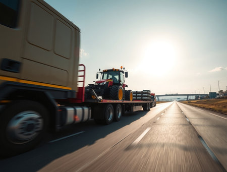 Truck with cargo on the road at sunset. Freight transportationの素材