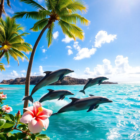 Dolphins jumping out of the ocean on a background of palm treesの素材