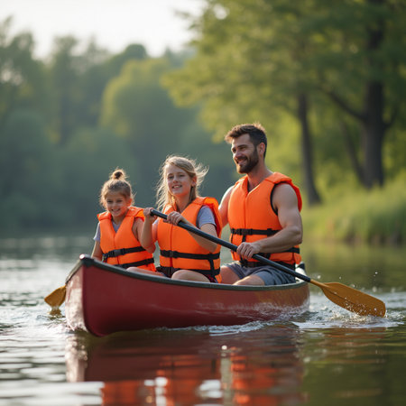 Couple in life jackets paddling a kayak on the riverの素材