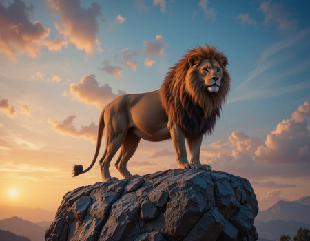Lion standing on the rock at sunset. 3d illustration.の素材