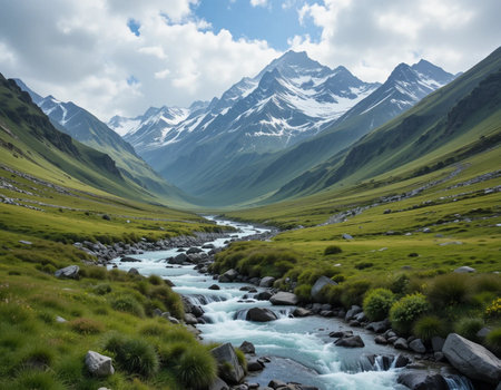 Mountain landscape with river and snow-capped peaks in the cloudsの素材