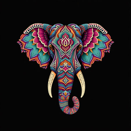Colorful hand drawn elephant head. Vector illustration on black background.の素材