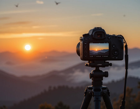 Camera on tripod taking pictures of sunset in mountains. Travel concept.の素材