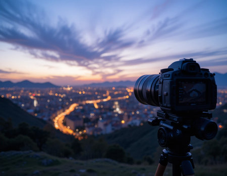 Professional camera on tripod with cityscape in the background at sunset.の素材