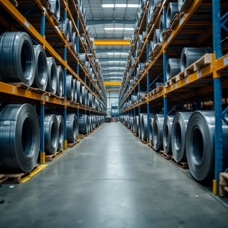 Interior of a warehouse with shelves and racks full of industrial equipmentの素材