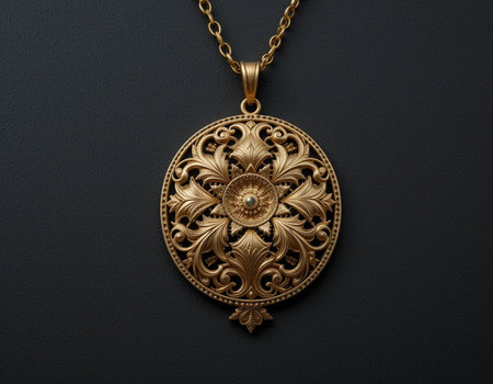 Vintage gold pendant on a black background with copy space.の素材