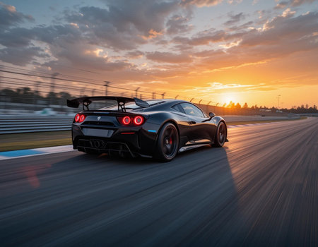 Black sports car on the road at sunset. Concept of speed and motion.の素材