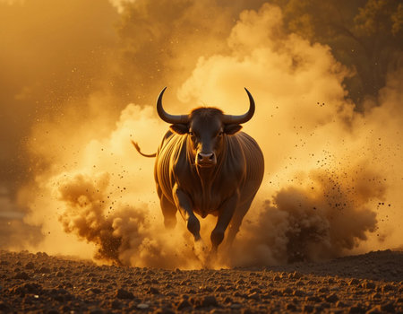Bull in the dust at sunset. Bull in the dust on the field.の素材