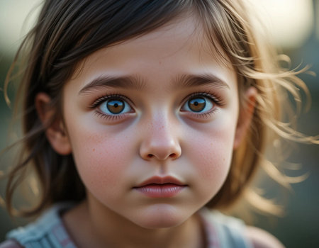 Portrait of a beautiful little girl with blue eyes in a parkの素材