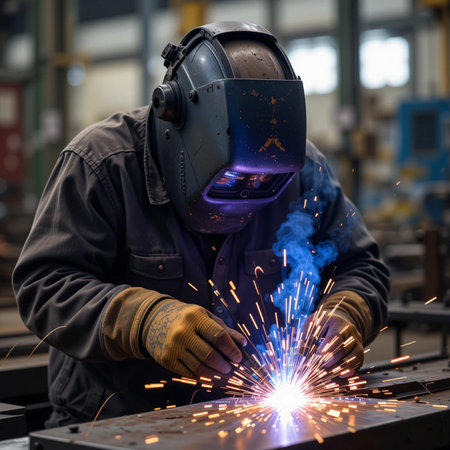 Industrial welder at work in a factory. He is wearing protective clothing and welding mask.の素材