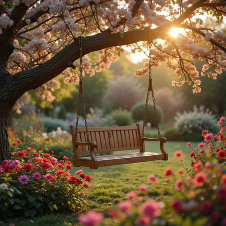 Wooden swing in blooming garden at sunset. Beautiful blooming tree.の素材