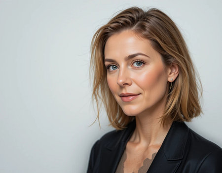 portrait of beautiful blonde woman in black jacket, isolated on grayの素材