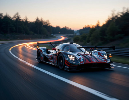 3D rendering of a race car racing on a highway at sunsetの素材
