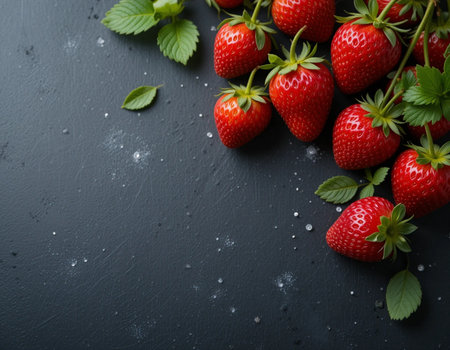 Fresh strawberries with leaves on black stone background. Top view with copy spaceの素材