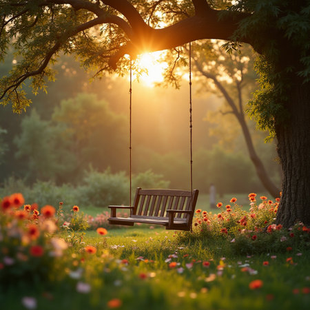 Beautiful summer landscape with swing in the park. Sunset time.の素材