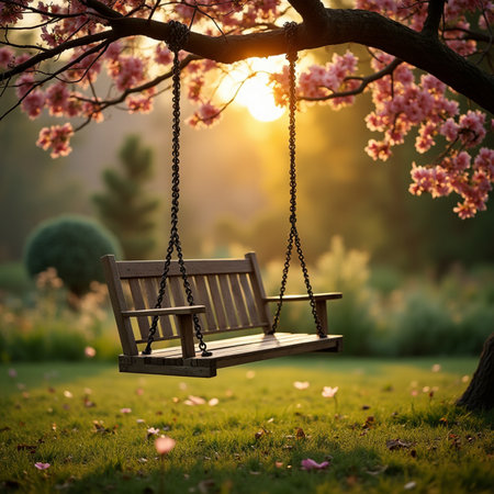 Wooden swing in the garden with cherry blossoms in spring.の素材