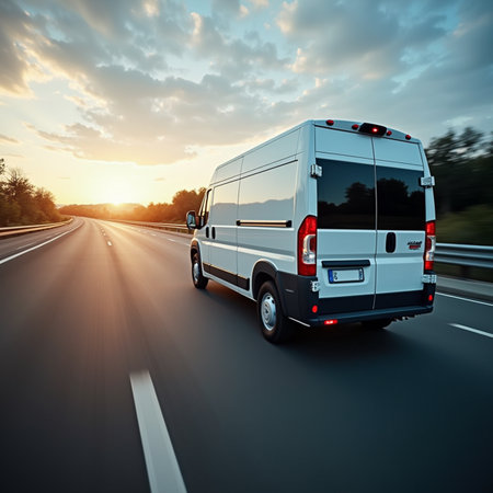 White commercial delivery van on the road at sunset. 3d renderingの素材