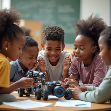 african american elementary schoolchildren playing with camera in classroom at schoolの素材