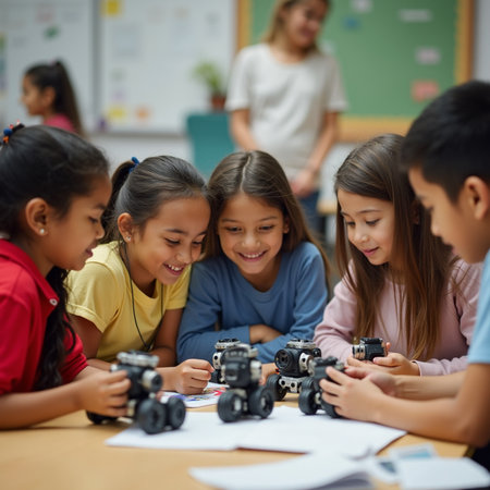 Group of elementary school kids looking at camera while sitting at table in classroomの素材