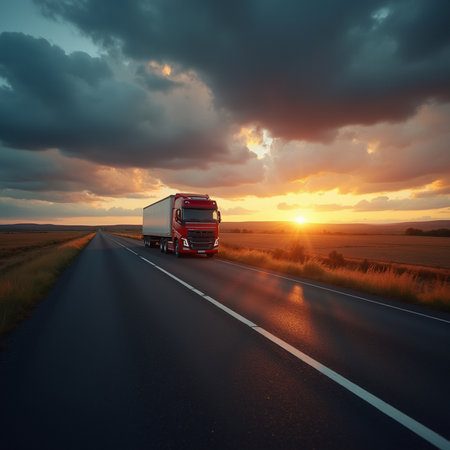 Truck on the road at sunset. Transportation and logistics concept.の素材