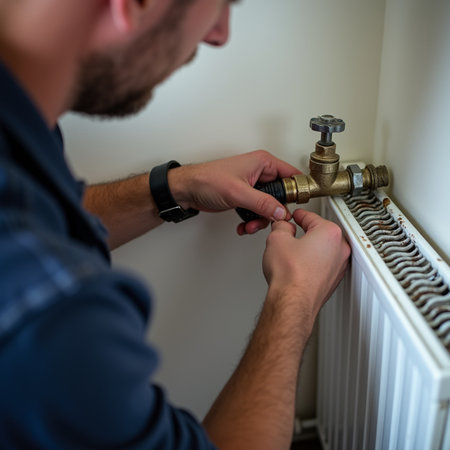Close-up of a plumber repairing a heating radiator in the houseの素材