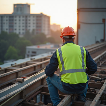 Rear view of a construction worker sitting on the roof of a buildingの素材