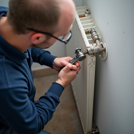 Plumber repairing heating radiator. Heating technician repairing a heating system.の素材