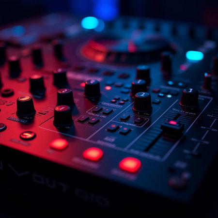 Close up of dj mixer with red light. Selective focus.の素材