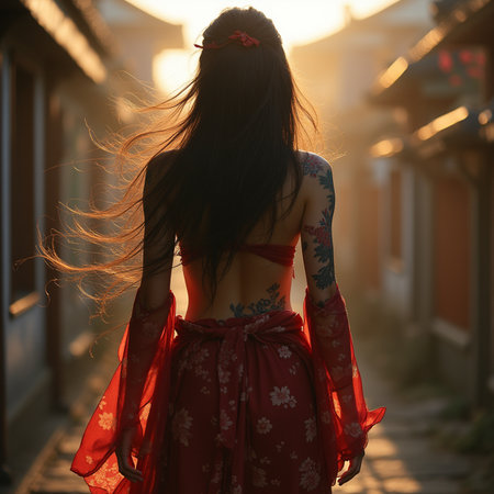 Young beautiful Asian woman in red dress walking in the street at sunsetの素材