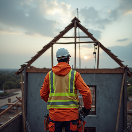Rear view of a construction worker in a safety vest and helmet standing at a construction site.の素材