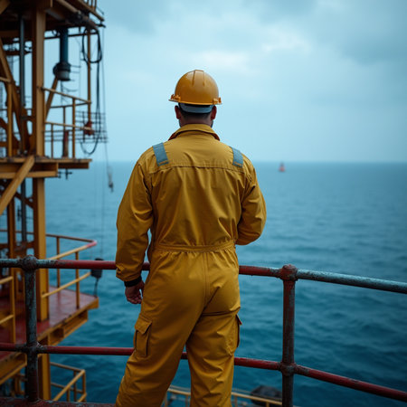 Rear view of oil and gas industry worker standingof oil rig.の素材