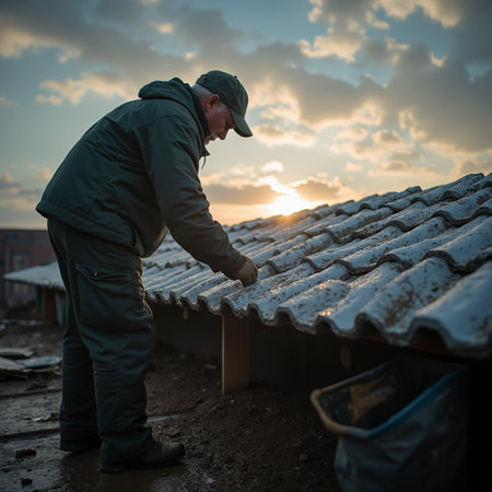 Worker on the roof of a house in the evening at sunsetの素材