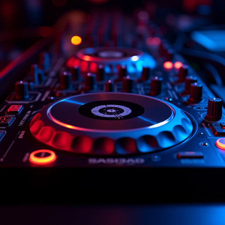 Dj mixer in nightclub, close-up. Professional dj equipment.の素材