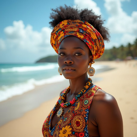 Beautiful young African woman with afro hairstyle and headscarf on the beach.の素材