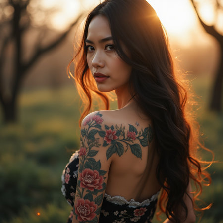 Beautiful asian girl with tattoo on her body in the park.の素材