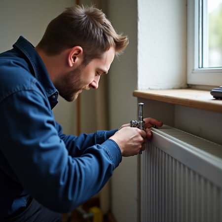 Young man fixing a heating radiator in his home. He is using a wrench.の素材