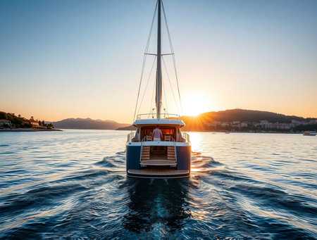 Luxury yacht sailing in the Adriatic sea at sunset, Croatiaの素材