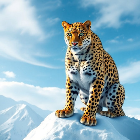 Leopard sitting on snowy mountain with blue sky background. 3d renderの素材