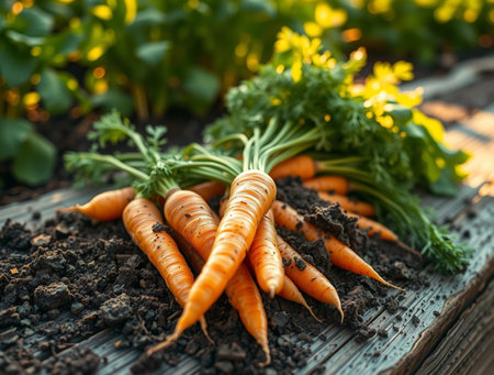 Fresh carrots with green leaves on wooden table in garden, closeupの素材