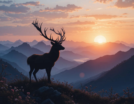Silhouette of a deer on the background of the mountains and sunsetの素材