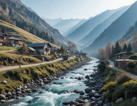 Beautiful mountain landscape with a river in the middle of the mountainsの素材