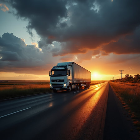 Truck on the road at sunset. Transportation and logistics concept.の素材